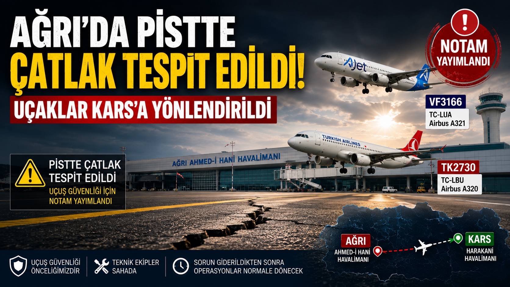 AĞRI AHMED-İ HANİ HAVALİMANI’NDA PİST ÇATLAĞI: UÇAKLAR KARS’A YÖNLENDİRİLDİ